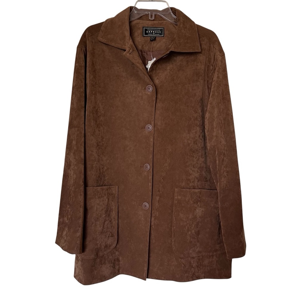 NWT Express Women’s Button Faux Suede Microfiber Jacket Coat Vintage Brown Sz L